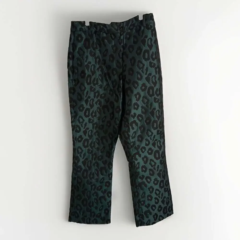 NWT Anine Bing Cindy Emerald Green Leopard Jacquard Flare Trousers S/P-W28/L26”